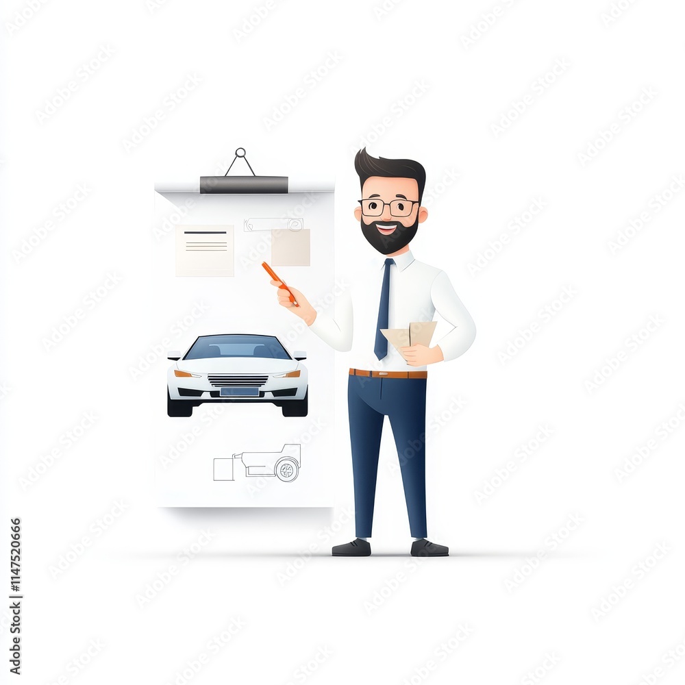 Poster businessman holding documents and pointer with car design on presentation board in minimalist style 