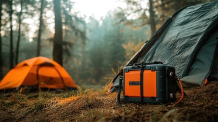 A portable power station sits in front of a tent in a forest.