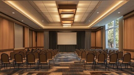 An empty conference room with rows of chairs facing a projector screen.