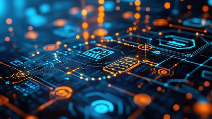 Abstract digital circuit board with glowing nodes and connections.