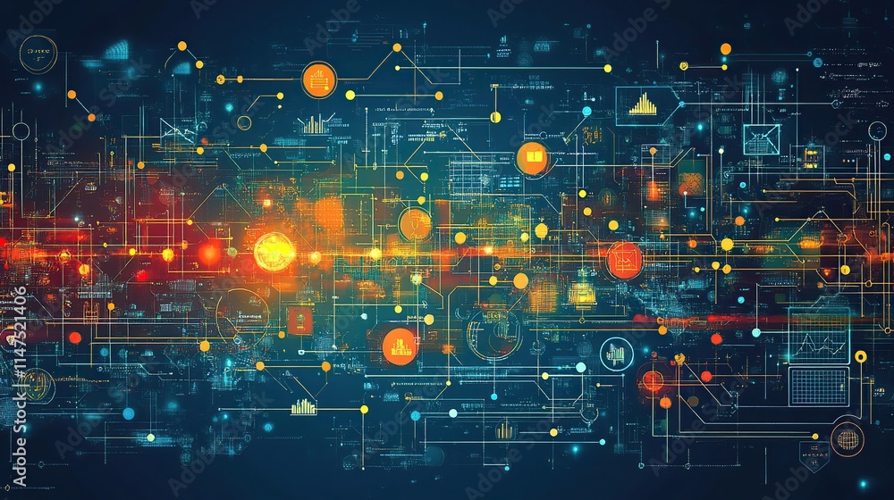 Poster abstract digital network data flow visualization with glowing nodes and connecting lines.