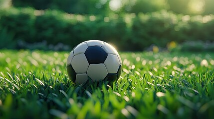 Close-Up View of a Classic Black and White Soccer Ball on Lush Green Grass Under Soft Morning Light in an Outdoor Setting