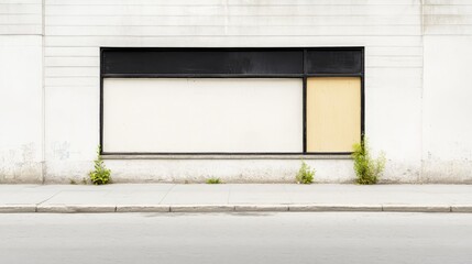 Minimalist Urban Scene Featuring Blank Storefront with Overgrown Plants on Sidewalk Against a Clean White Wall in a Quiet, Abandoned City Area
