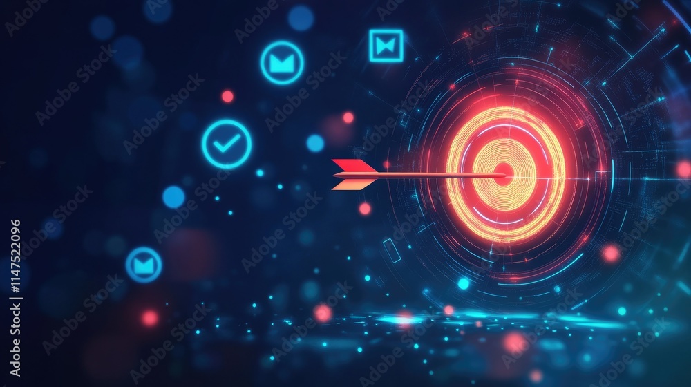 Poster digital target with arrow and colorful icons representing goals, achievements, and communication in 