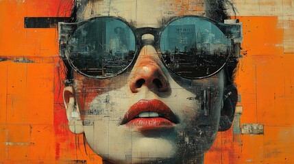 Abstract portrait, woman, sunglasses, city reflection, orange.