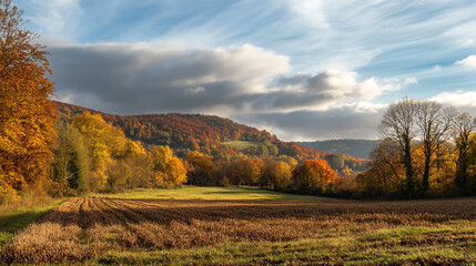 Fototapeta premium Autumn landscape with colorful trees and clear sky during golden hour. 
