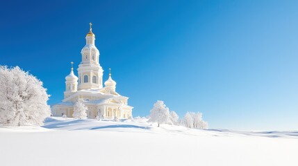 Obraz premium Snowy winter landscape with a white church.