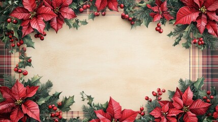Poinsettia icons arranged in a harmonious holiday layout, surrounded by a plaid border, with intricate textures and layering. A festive design evoking warmth, celebration, and timeless charm.