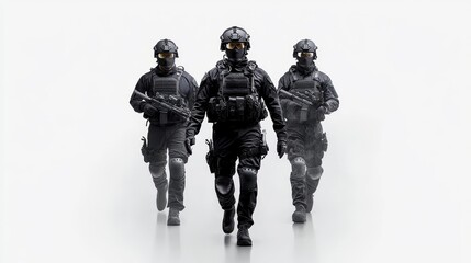Fototapeta premium Tactical Team of Three Armed Soldiers Wearing Black Military Gear and Helmets Marching Forward with Determined Expressions Against a Bright Background