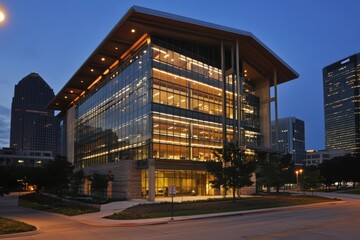 Illuminated Business Complex at Night with City Skyline