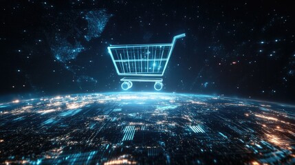 Futuristic Shopping Cart Floating in Space Above Earth, Representing Advanced Online Shopping and Global E-Commerce in a Digital Universe Setting
