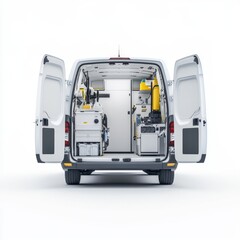 White Emergency Response Vehicle with Open Doors Showcasing Internal Medical Equipment and Storage Space for Rescue Operations