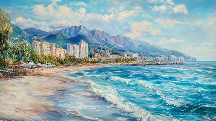 Fototapeta premium Coastal view with vibrant waves and city skyline under a sunny sky. 