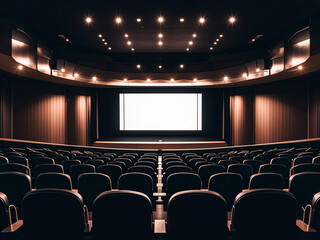 Obraz premium Empty movie theater with rows of black seats and a large projection screen 