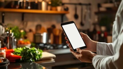Person using tablet in kitchen with blank screen.