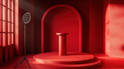 Red studio with a round podium and a microphone on a stand.