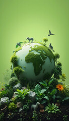World earth day green environment with plants, animals and trees. Concept of sustainable development ecology and green energy, grunge, with white tones