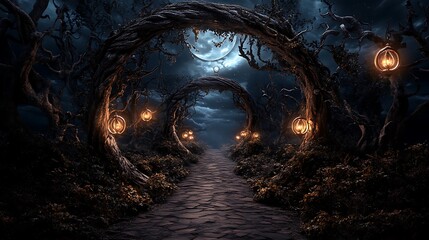 Moonlit Forest Path with Glowing Lanterns: Digital Fantasy Art AI Generated