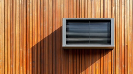A modern window with black blinds is set into a wall of horizontal wooden planks. The sunlight casts a shadow across the wall.