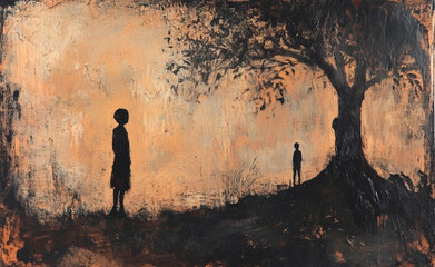 Fototapeta premium Children standing near a large tree in a subdued landscape at dusk. 