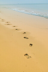 Footprints of human feet on the sand near the water on the beach.