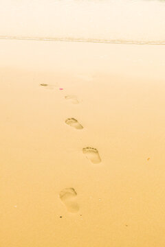 Footprints of human feet on the sand near the water on the beach.