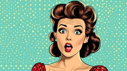 A woman with a surprised expression and red lipstick, illustrated in a vintage pop art style against a blue dotted background.