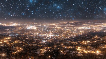 Fototapeta premium Night city panorama under starry sky.