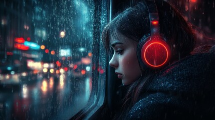 Naklejka premium A girl wearing headphones sits on a bus, gazing out the window as rain falls on a dark, overcast day. The quiet, reflective atmosphere creates a mood of solitude and contemplation.