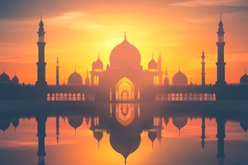 Majestic Mosque Silhouette at Sunset Reflecting in Water