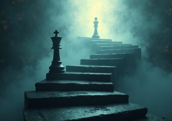 Mysterious stone staircase leading to shadowy chess pieces in foggy light