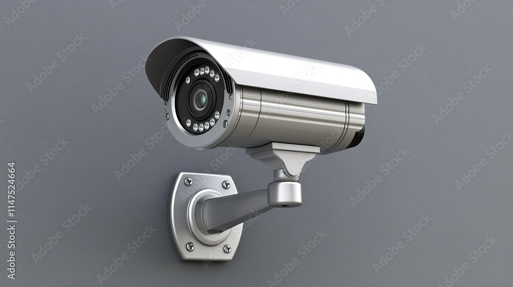 Poster modern security camera mounted on wall offering surveillance and protection for properties, ensuring