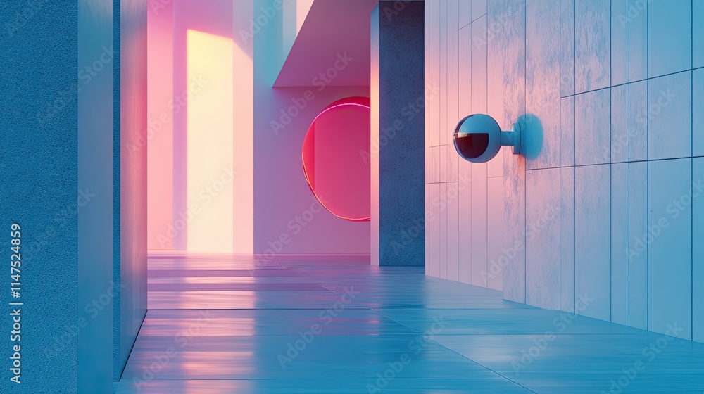 Poster futuristic interior design with vibrant colors and geometric shapes featuring a circular element and