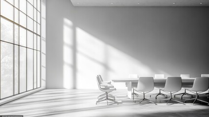 Minimalist meeting room with white background, soft lighting, and shadows. Featuring sleek, futuristic technology-inspired color lines, creating a clean and modern professional atmosphere.