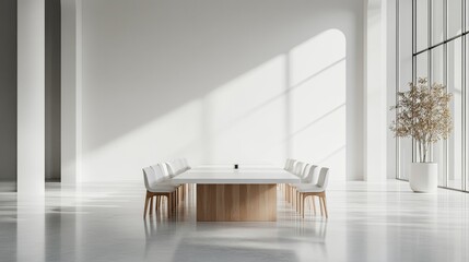 Minimalist meeting room with white background, soft lighting, and shadows. Featuring sleek, futuristic technology-inspired color lines, creating a clean and modern professional atmosphere.