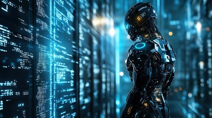 Futuristic robot standing before a large digital screen displaying complex code in a dark, technological environment.
