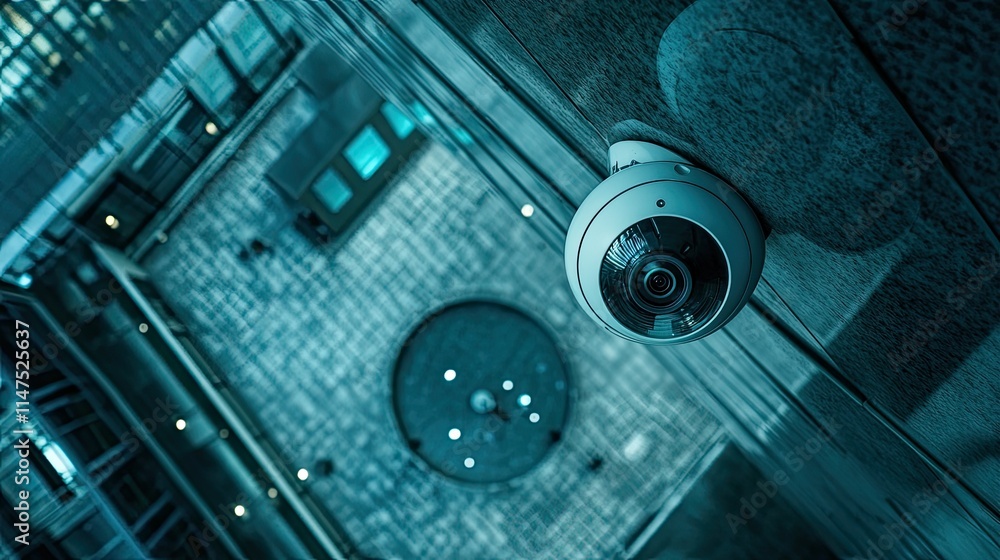 Poster a modern surveillance camera overlooking a high-tech urban environment with a unique perspective on 