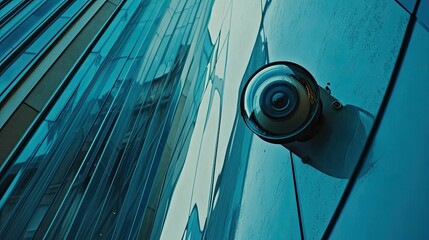 Modern Building Facade with a CCTV Camera Reflecting Surroundings in a Cityscape at Dusk Amidst Unique Architectural Elements