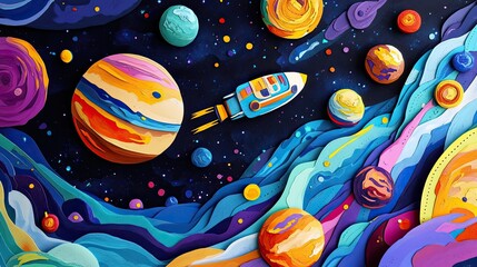 Colorful Illustration of a Rocket in Space with Vibrant Planets and Cosmic Elements, Celebrating the Wonders of the Universe and Imagination in Art