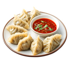 Plated momo dumplings with red chili dipping sauce isolated on transparent background, cut out, PNG