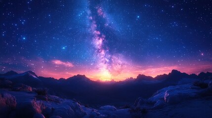 Starry night sky over majestic mountains.