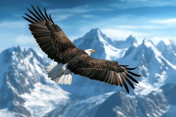 Obraz premium A majestic eagle soars above towering snow-capped peaks, wings spread wide, gliding through a crisp blue sky with breathtaking mountain vistas below.