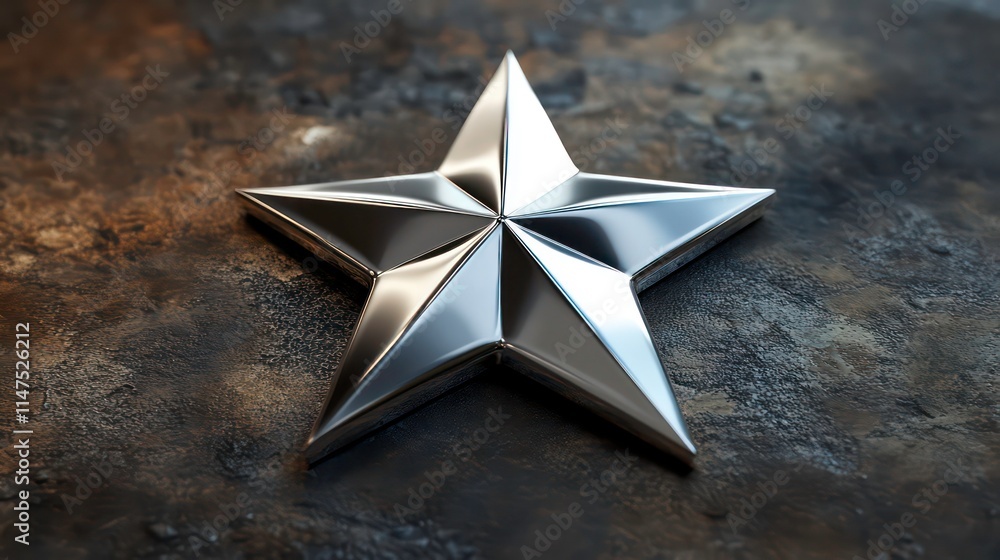 Poster polished chrome five-pointed star on dark textured surface.