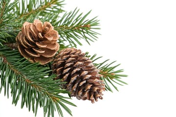Two pine cones on a fresh evergreen branch, isolated on white background.