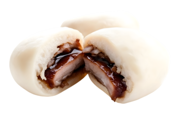 Steamed bao buns with barbecue pork filling isolated on transparent background, cut out, PNG