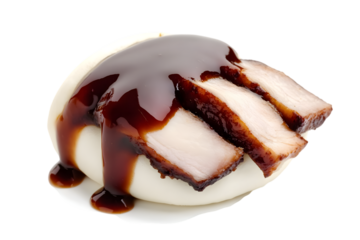 Steamed bao buns with barbecue pork filling isolated on transparent background, cut out, PNG