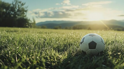 A Close-Up of a Soccer Ball Resting on Lush Green Grass in a Scenic Outdoor Landscape During a Beautiful Golden Hour Sunset