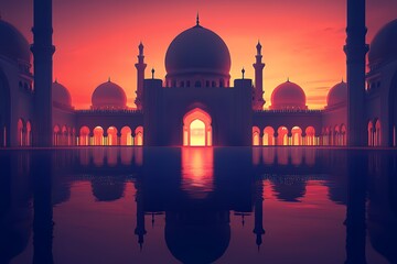 Naklejka premium Majestic Mosque Sunset Reflection Peaceful Serenity