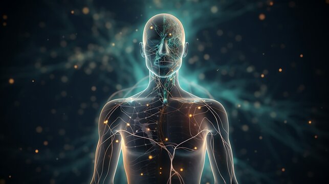 Illuminated human anatomy with glowing neural pathways and energy flow.