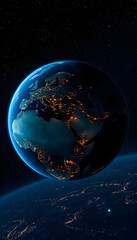 Naklejka premium Amazing night planet Earth with Europe, Africa and Eastern countries with bright night city lights in starry space. Megacities and light view from space, digital art, with white tones
